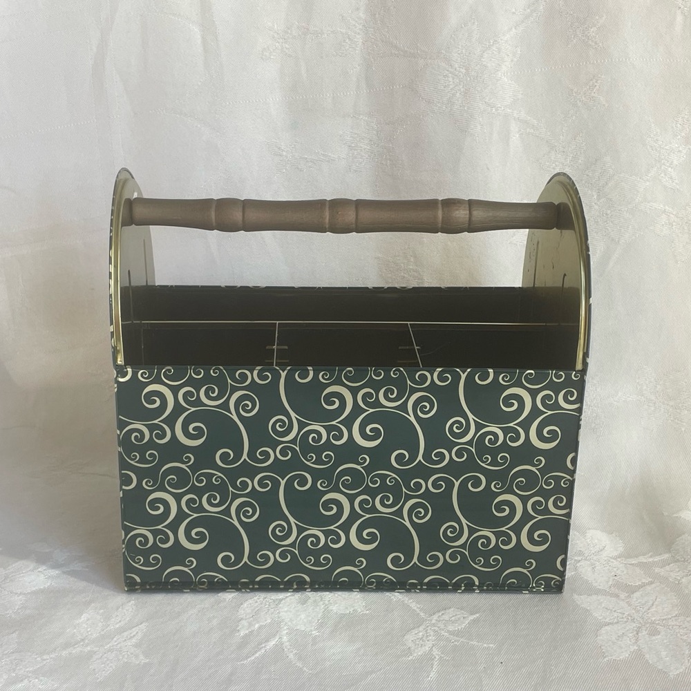 Tin Desk Mail Caddy Craft Organizer Wood Handle Sewing Tools Cutlery Vanity